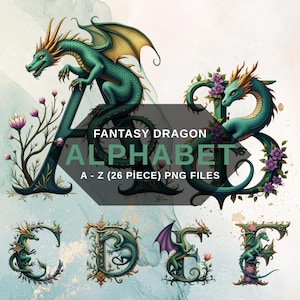 Fantasy Dragon Alphabet PNG Clipart, Floral Mythical Letters, Magical Digital Letter, Transparent Background, Digital Download