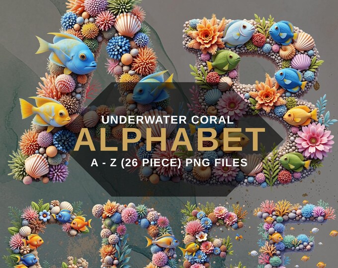 Ocean-themed Alphabet Clipart Set - Seashells & Coral Letters - Marine ...