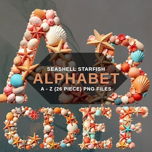 Alfabeto de conchas y estrellas de mar PNG, clipart de playa de 26 letras para fiesta de verano, fondo transparente, descarga digital
