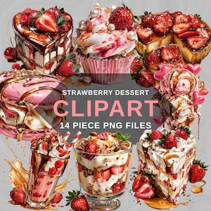 14 Dessert PNG Clipart, Cute Strawberry Cake, Ice Cream Parfait Digital Food Art for Sublimation & Crafts, Instant Download