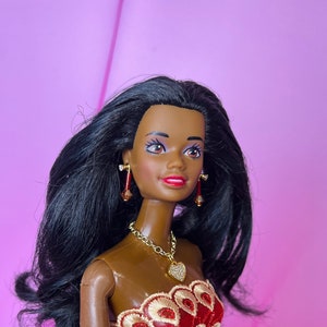 OOAK - Rescued Barbie - Custom Black Doll in Red and Gold Dress