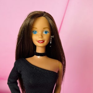 OOAK - Rescued Barbie - Annie - Custom Rerooted Doll in Black Dress Brown Hair