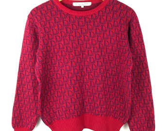 Vintage 80s 90s Christian Dior Knit Jumper Sweater Trotter Logo Monogram Red Blue Trotter-pattern wool jumper Size L