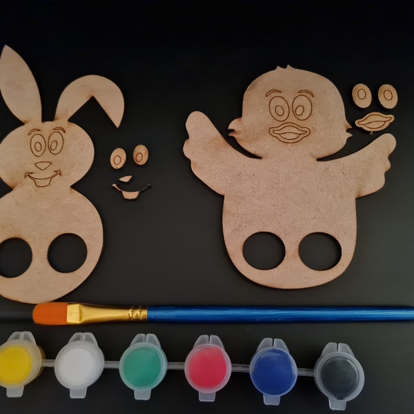 Wooden Easter bunny and chick finger puppets DIY painting kit