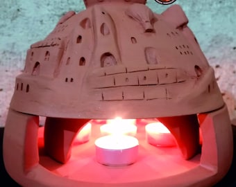 Ceramic Tealight Candle Warmer and Incense Bowl, Handmade from Red Pottery Clay 8.6 inches, Intellectual Property Certified