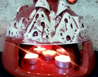 Glazed and Patterned Ceramic Tealight Candle Warmer and Incense Bowl, Handmade from Red Pottery Clay 8.6 inches,