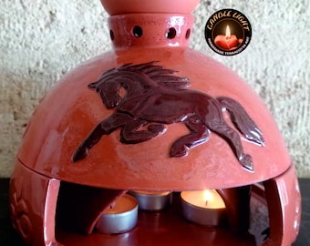 Glazed and Patterned Ceramic Tealight Candle Warmer and Incense Bowl, Handmade from Red Pottery Clay 8.6 inches,
