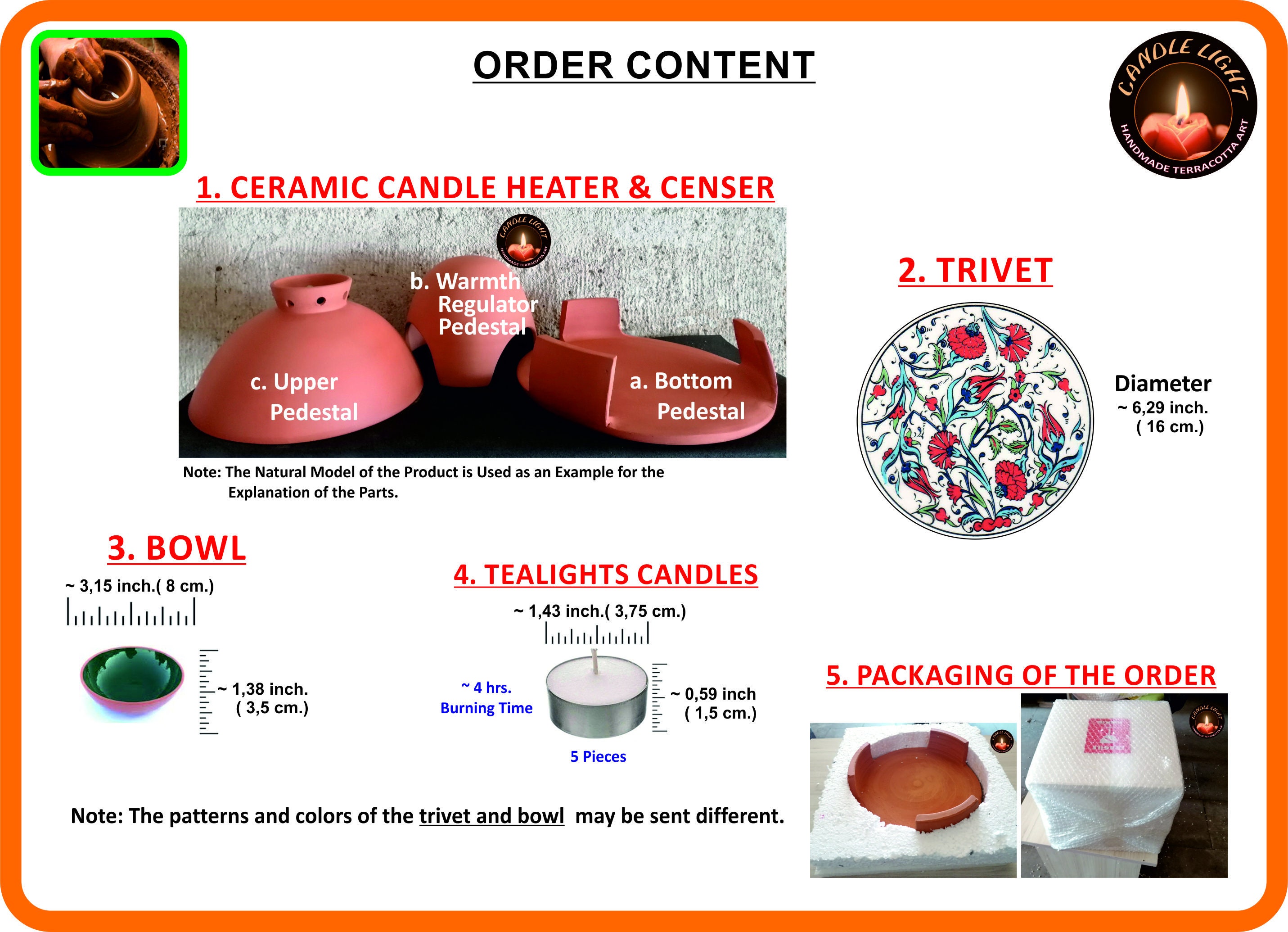 Candle Heater and Censer Natural 8,6 Inch., Baked Clay Candle Heater and Censer Natural 8,6 Inch., Baked Clay