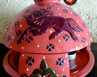 Glazed and Patterned Ceramic Tealight Candle Warmer and Incense Bowl, Handmade from Red Pottery Clay 8.6 inches,