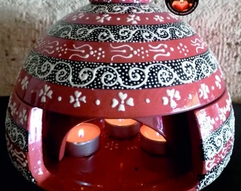 Glazed and Patterned Ceramic Tealight Candle Warmer and Incense Bowl, Handmade from Red Pottery Clay 8.6 inches,