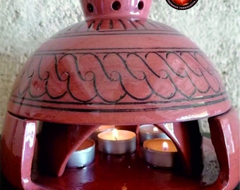 Glazed and Patterned Ceramic Tealight Candle Warmer and Incense Bowl, Handmade from Red Pottery Clay 8.6 inches,