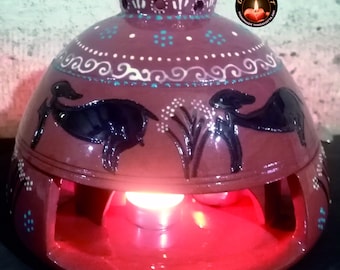 Glazed and Patterned Ceramic Tealight Candle Warmer and Incense Bowl, Handmade from Red Pottery Clay 8.6 inches,