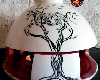Glazed and Patterned Ceramic Tealight Candle Warmer and Incense Bowl, Handmade from Red Pottery Clay 8.6 inches,
