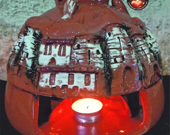 Glazed and Patterned Ceramic Tealight Candle Warmer and Incense Bowl, Handmade from Red Pottery Clay 8.6 inches,