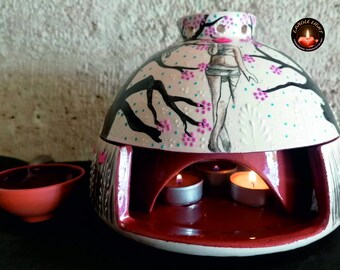 Glazed and Patterned Ceramic Tealight Candle Warmer and Incense Bowl, Handmade from Red Pottery Clay 8.6 inches,