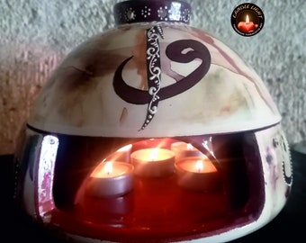 Glazed and Patterned Ceramic Tealight Candle Warmer and Incense Bowl, Handmade from Red Pottery Clay 8.6 inches,