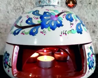 Glazed and Patterned Ceramic Tealight Candle Warmer and Incense Bowl, Handmade from Red Pottery Clay 8.6 inches,