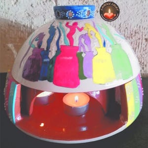 Glazed and Patterned Ceramic Tealight Candle Warmer and Incense Bowl, Handmade from Red Pottery Clay 8.6 inches,