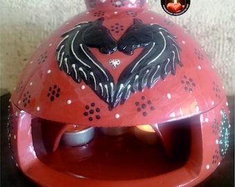 Glazed and Patterned Ceramic Tealight Candle Warmer and Incense Bowl, Handmade from Red Pottery Clay 8.6 inches,