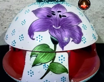 Glazed and Patterned Ceramic Tealight Candle Warmer and Incense Bowl, Handmade from Red Pottery Clay 8.6 inches,