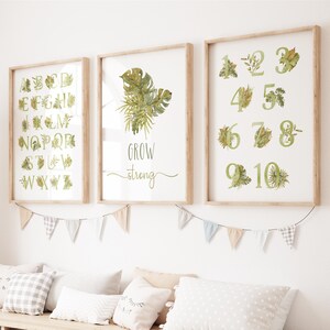 Tropical Leaves Alphabet and Numbers 1-10 Wall Print, Set of 3 Nursery Art Prints, Printable Kids Room Decor, Watercolour Grow Strong Poster