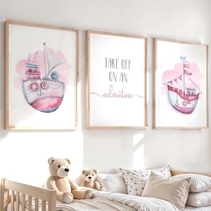 Watercolor Boho Ocean Pink Boat Wall Print, Set of 3 Sailing Watercolour Nursery Art Prints, Inspirational Quote Printable Kids Room Decor,