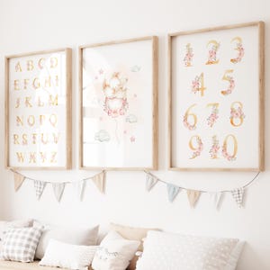 Watercolor Sleeping Bunnies Alphabet and Numbers Wall Print, Set of 3 Nursery Art Prints, Printable Kids Room Decor Flower Poster Printables