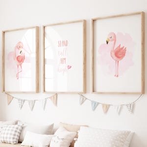 Kids Flamingo Wall Art, Watercolor Stand Tall Aim High Nursery Decor, Magical Animal Prints, Whimsical Birds Nursery Prints Digital Download