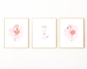 Kids Flamingo Wall Art, Watercolor Stand Tall Aim High Nursery Decor, Magical Animal Prints, Whimsical Birds Nursery Prints Digital Download
