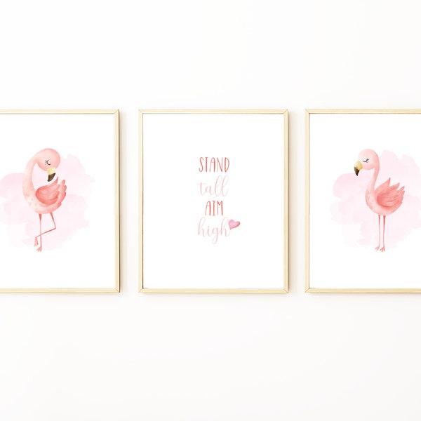 Kids Flamingo Wall Art, aquarelle Stand Tall Aim High Nursery Decor, Magical Animal Prints, Lunatique Birds Nursery Prints Digital Download