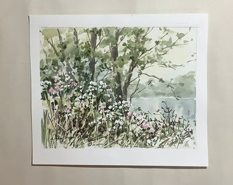 Original hand painted watercolour   ' River bank in summer '