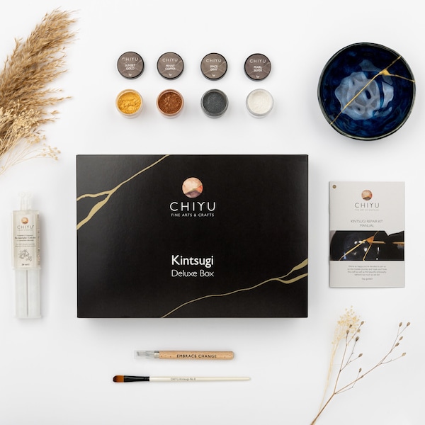 Kit de réparation Kintsugi : Boîte Deluxe avec Or - Argent - Cuivre - Gris - Contact alimentaire - Passe au lave-vaisselle