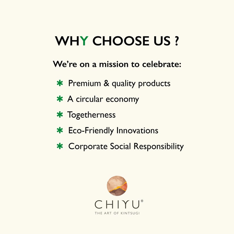 May include: Cream-colored graphic with the text "WHY CHOOSE US?" in green. The text lists the company's mission: premium products, a circular economy, togetherness, eco-friendly innovations, and corporate social responsibility. The logo is at the bottom.