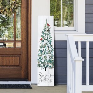 Seasons Greetings White 47 x 10.5 Pine Wood Holiday Pallet Porch Leaner Sign | Christmas Tree Sign | Outdoor Porch Sign