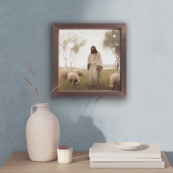 Jesus & Sheep Framed Art | Jesus is the Good Shepherd | Faith-based Print | Religious Art | 11x11 Framed Wall Decor on Textured Linen