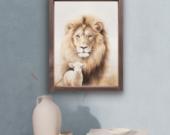 Lion & Lamb Framed Art Print | Faith-based Art | Lion of Judah | Lamb of God | Religious Art | 13x17 Framed Wall Decor