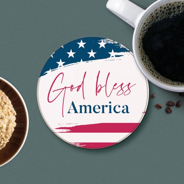 God Bless America Round Coaster | Ceramic Coaster with Cork Backing | Patriotic Beverage Coaster | Americana Decor for Home or Office