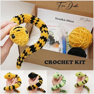 May include: Crochet kit to make a yellow and black snake. The kit includes yarn, a crochet hook, and instructions. "Snake Hiss" and "For Didi" are written on the box.