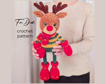 Christmas REINDEER crochet pattern PDF – large amigurumi deer, long-legged plush toy, shelf sitter.
