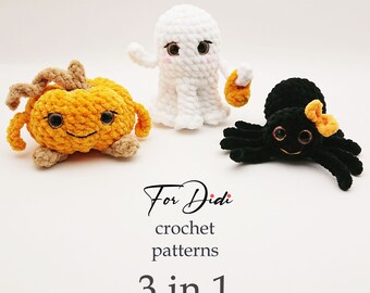 Halloween amigurumi bundle: Pumpkin, Ghost & Spider. 3 in 1 crochet patterns PDF.