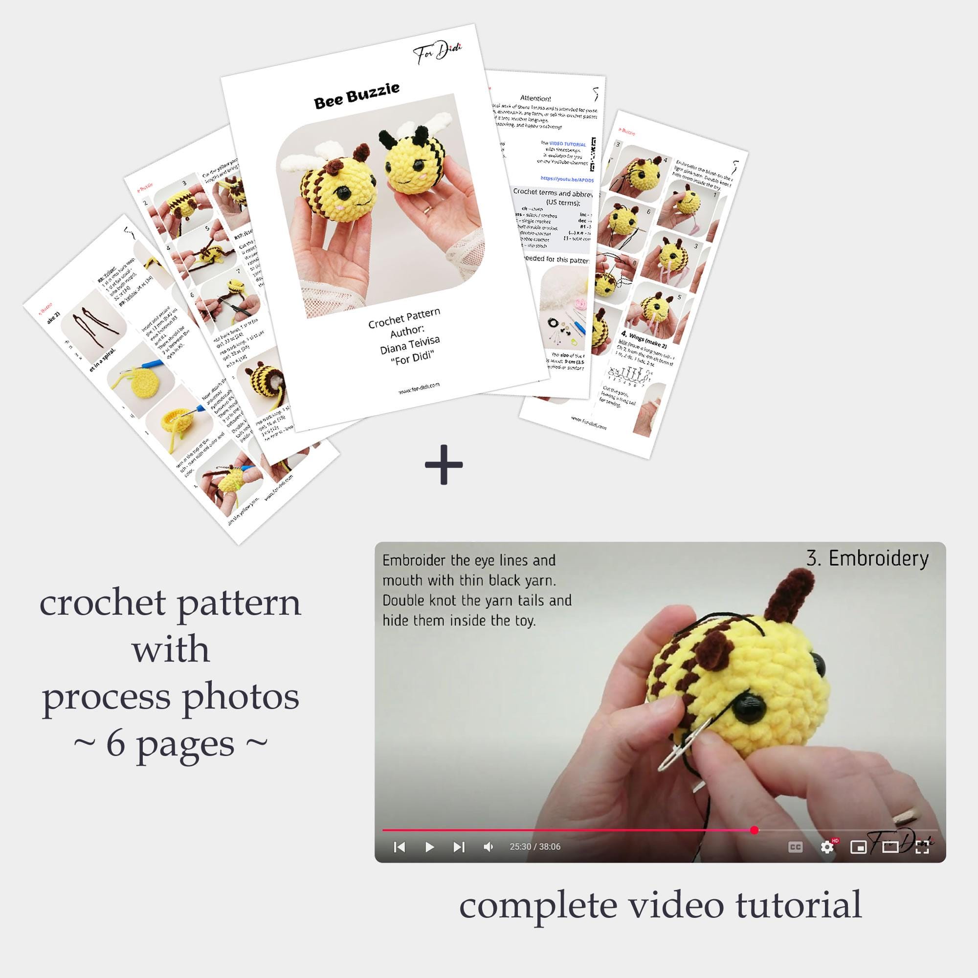 Small BEE Crochet Pattern PDF + Complete Video Tutorial. Bee Amigurumi ...