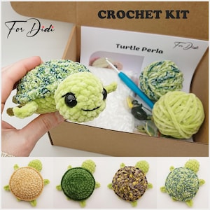May include: A crochet kit for a turtle, with the text "CROCHET KIT" and "Turtle Perla". The kit includes yarn, a crochet hook, and a finished green turtle. The image also shows four different turtle designs.