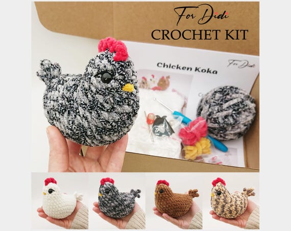 Chicken CROCHET KIT. Plush chicken crochet pattern, materials and supplies. Multiple colors available. Easy crochet DIY kit for beginners.