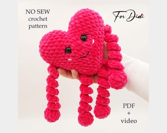 Plush HEART no sew crochet pattern + video tutorial. Amigurumi plushie pattern.