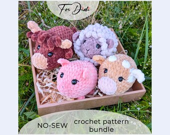 4-in-1 Farm Animals Crochet Pattern Bundle – No-Sew Amigurumi Plushies: Cow, Highland Cow, Sheep, Pig