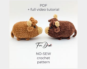HIGHLAND COW crochet pattern PDF & video tutorial – no sew amigurumi plush, little loaf toy.