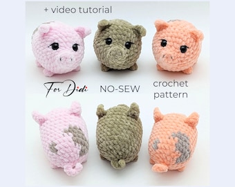 PIG crochet pattern PDF & video tutorial – no-sew amigurumi plush piggy, palm-sized piglet, little loaf toy.