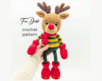 REINDEER crochet pattern – large plush deer, Christmas shelf sitter toy, winter home decor.