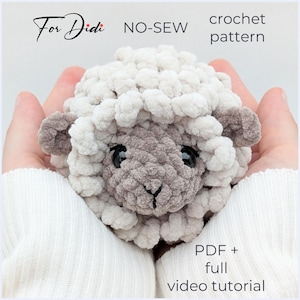 SHEEP crochet pattern PDF & video tutorial – no-sew amigurumi plush, palm-sized lamb, little loaf toy.