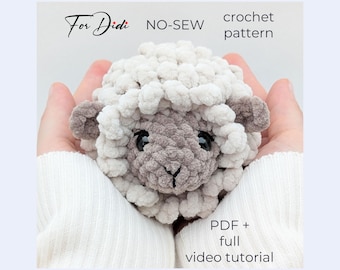 SHEEP crochet pattern PDF & video tutorial – no-sew amigurumi plush, palm-sized lamb, little loaf toy.